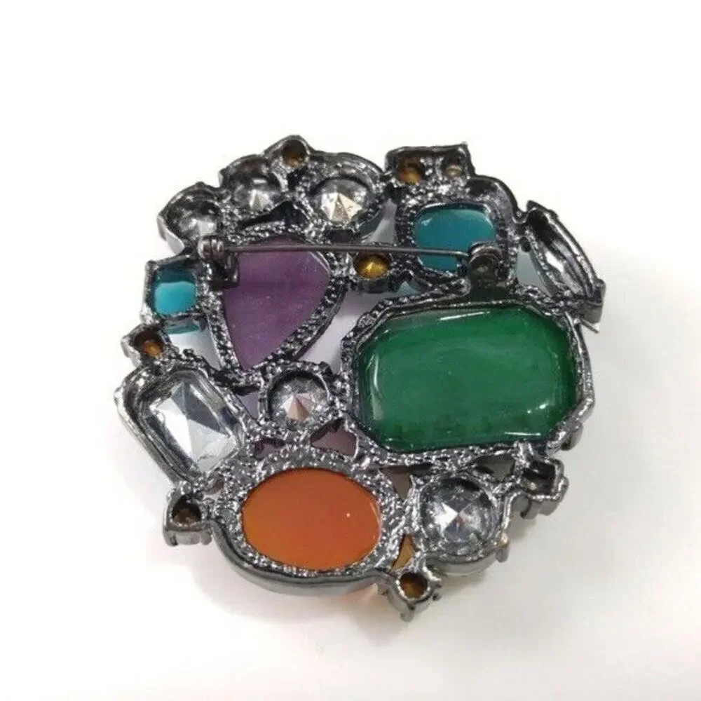 Purple Blue Green Faceted Rhinestones Jewel Colors Cabochons Brooch, 2 Inches